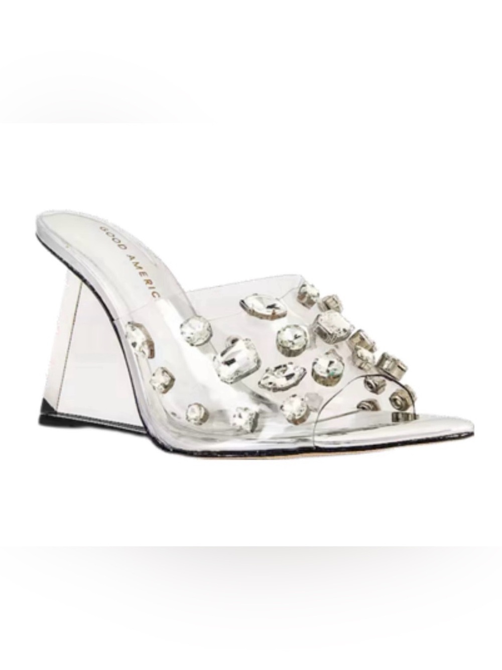 Good American Jeweled Wedge Heel-Embellished Clear Mules
